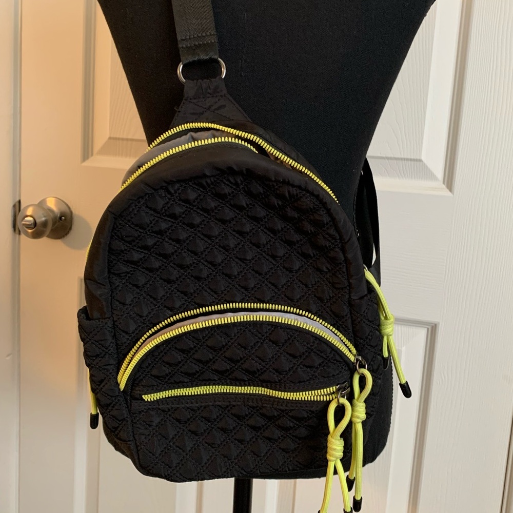 Black Quilted Backpack with Neon Accents. Unbranded. Lightweight. Crossbody.